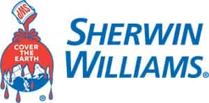 Sherwin-williams logo with a paint can pouring paint over a globe.